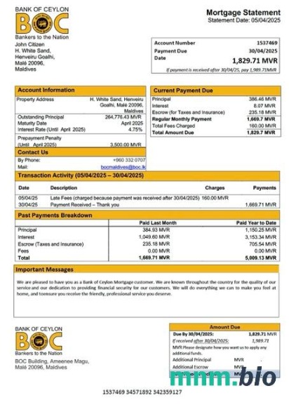 Malediwy Bank of Ceylon wyciąg z kredytu hipotecznego szablon Word i PDF